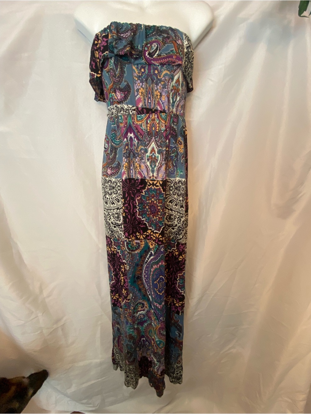 Full Tilt Mixed Print Teal, Purple, Black Strapless Ruffle Top Maxi Dress